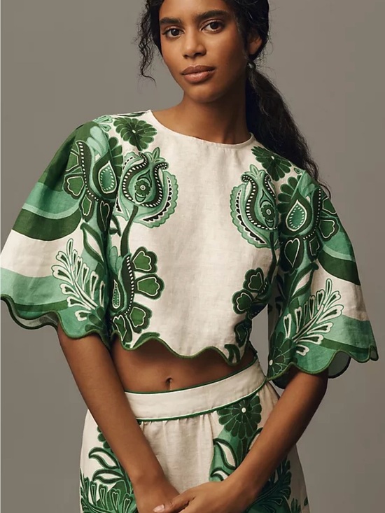 FARM Rio Tops - FARM Rio Green and White Embroidered Scallop-Hem Crop Top